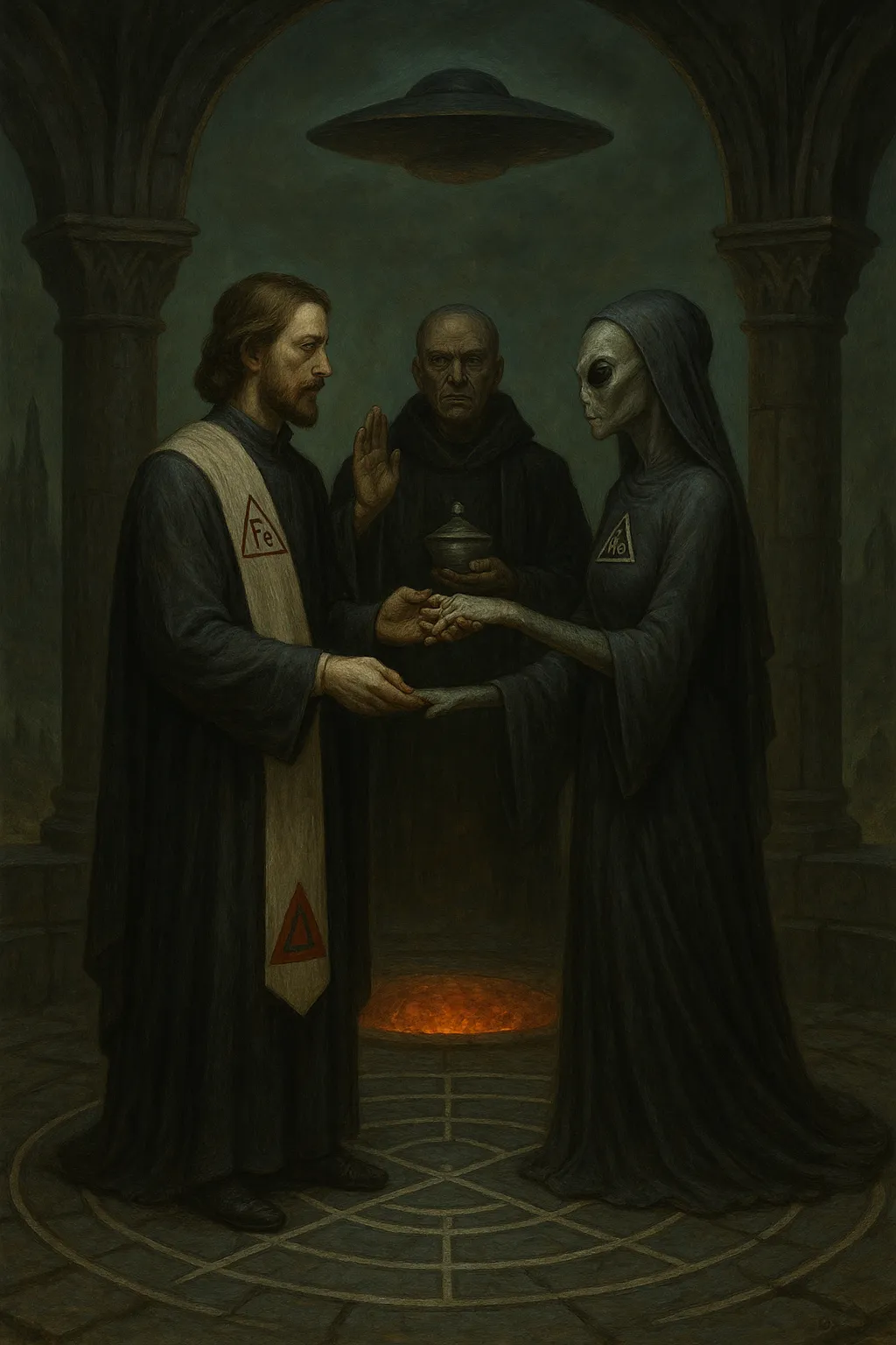 The Annihilation Pairing: a human and a Grey join hands before the officiant beneath gothic arches, a craft hovering above the ceremony.