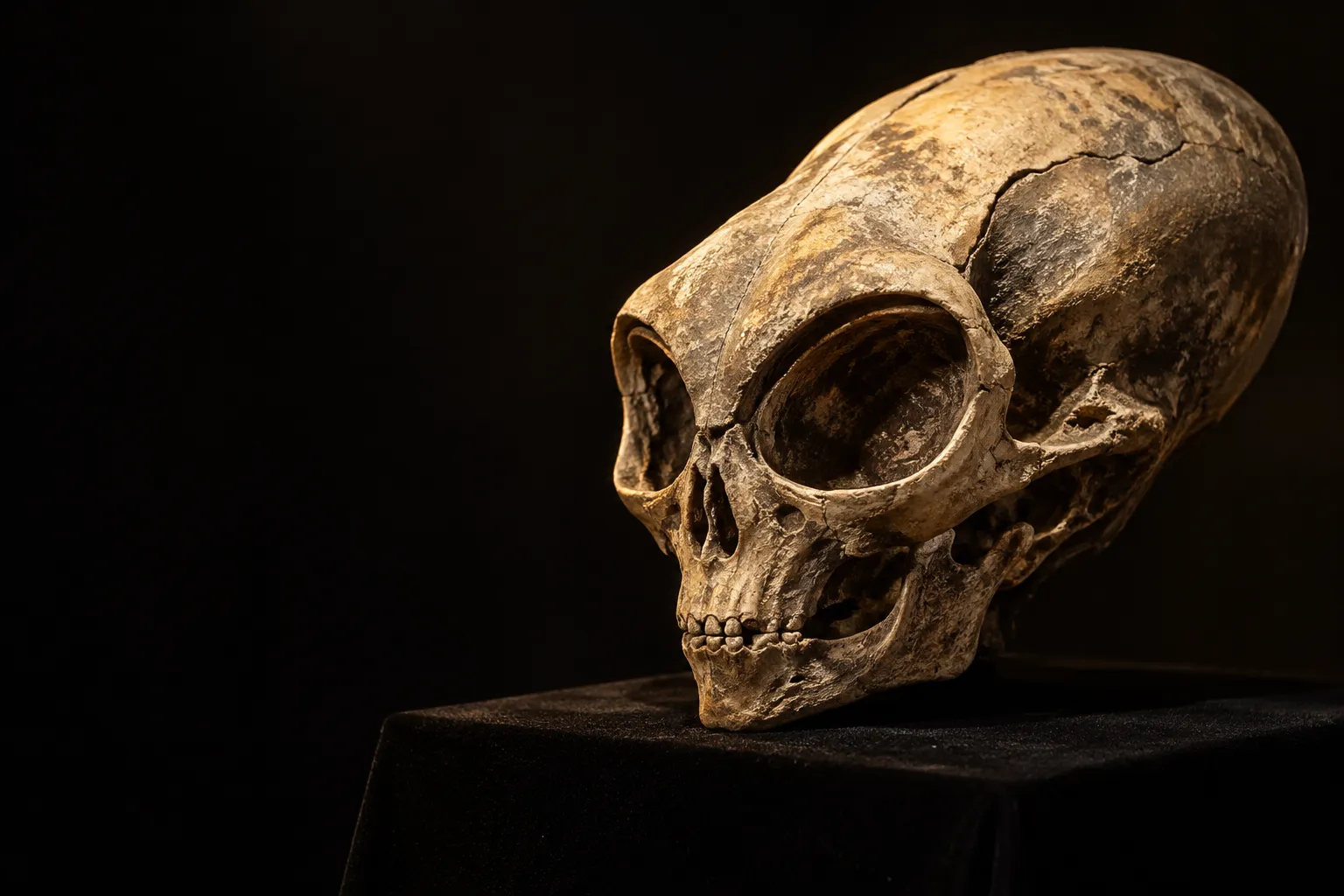 Homo arcanus, from the Church Archives: a fossil skull with a long, smooth braincase and enormous eye sockets above a small, human-like jaw, lit in gold on a black velvet plinth.