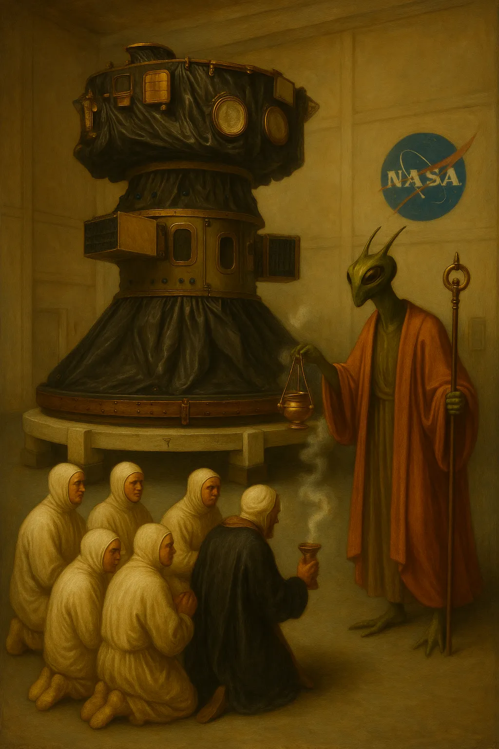 Clergy consecrating the IMAP spacecraft before its departure.