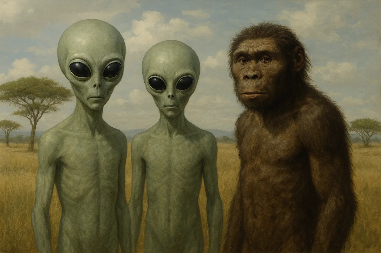 Visitors among Australopithecus afarensis on the ancient savanna.