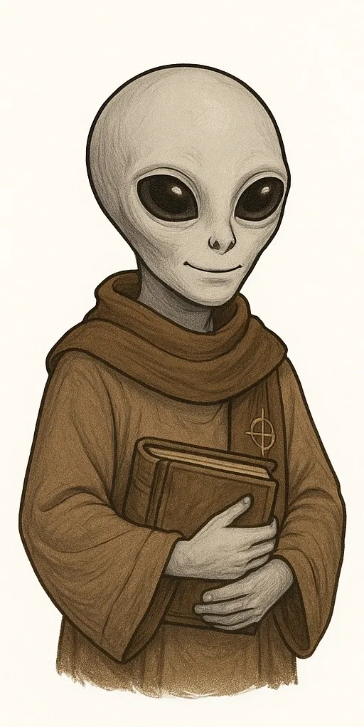 Gribble the Gray, a small grey alien in a brown robe, holding a book.