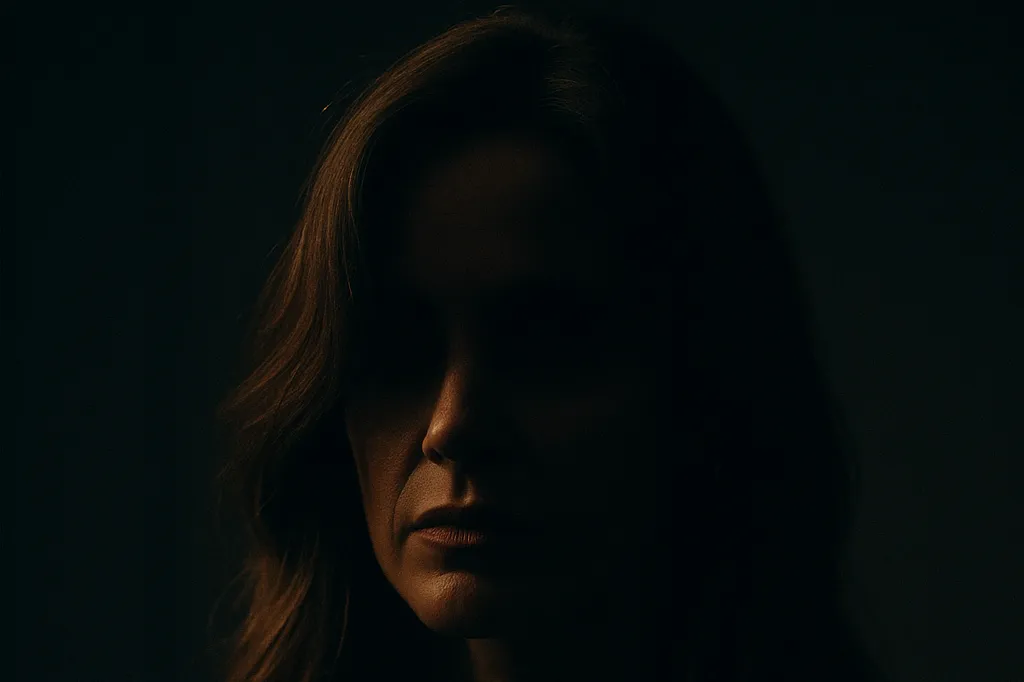 A woman’s face half-lit in deep shadow.