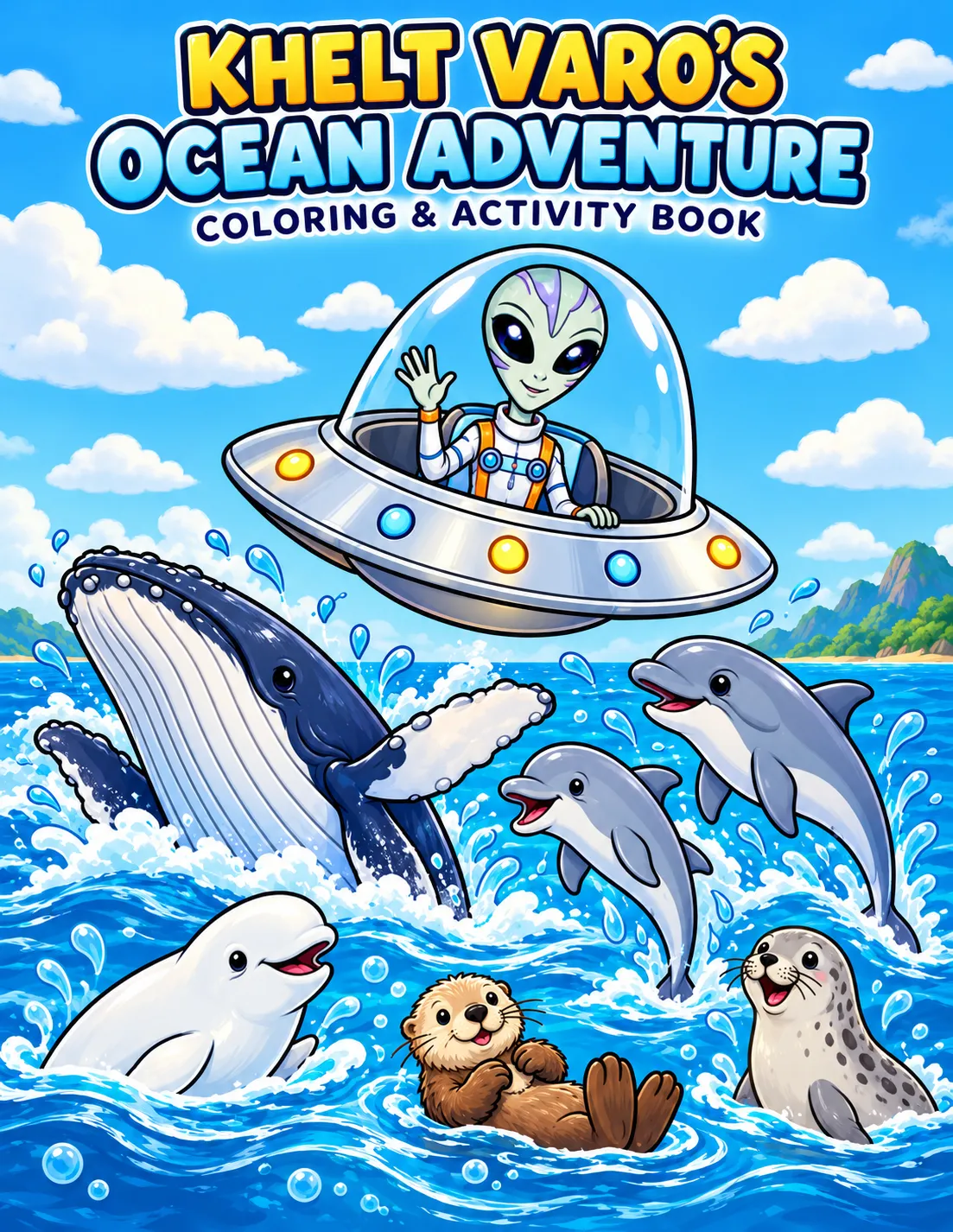 Cover of Khelt Varo's Ocean Adventure Coloring & Activity Book: Khelt Varo waving from a flying saucer above a humpback whale, dolphins, a beluga, a sea otter and a seal.