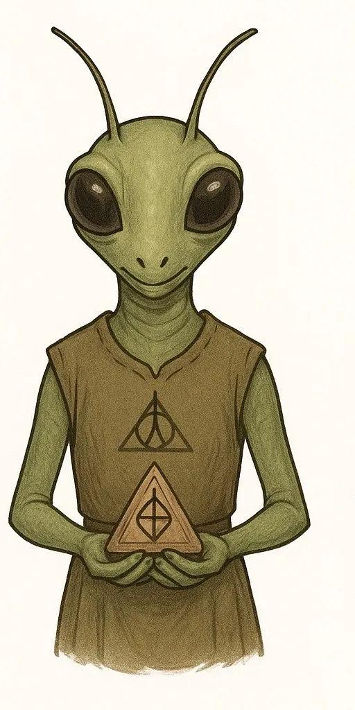 Mantie, a green mantis-like alien, holding a small triangular emblem.