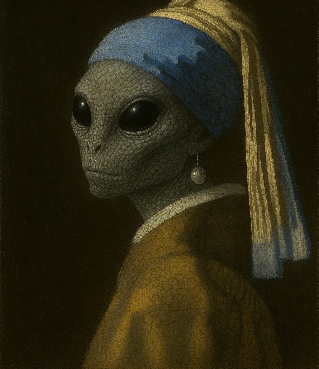 A Reptilian in a blue and gold head-wrap wearing a pearl earring, painted 1665.