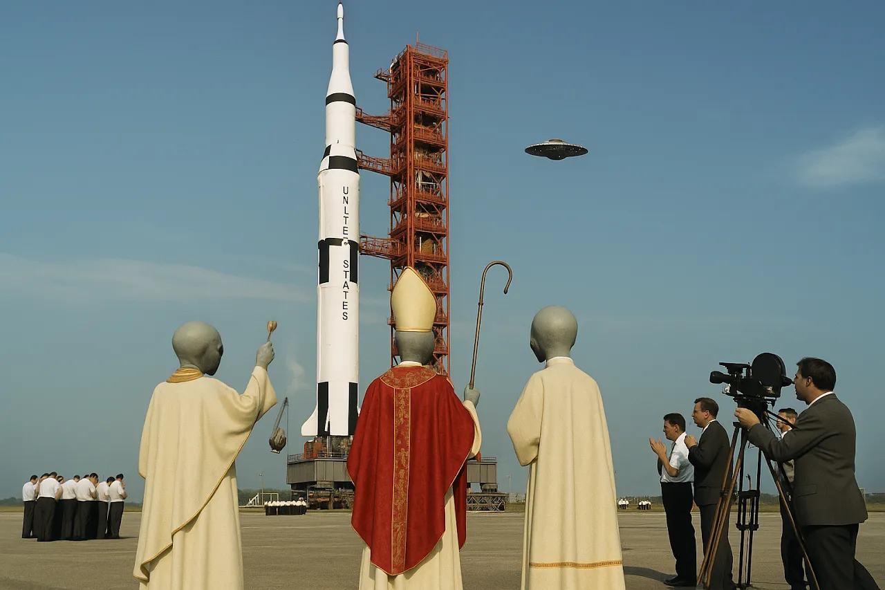 An alien bishop in red vestments blesses a Saturn V on the launch pad while a craft holds station overhead.