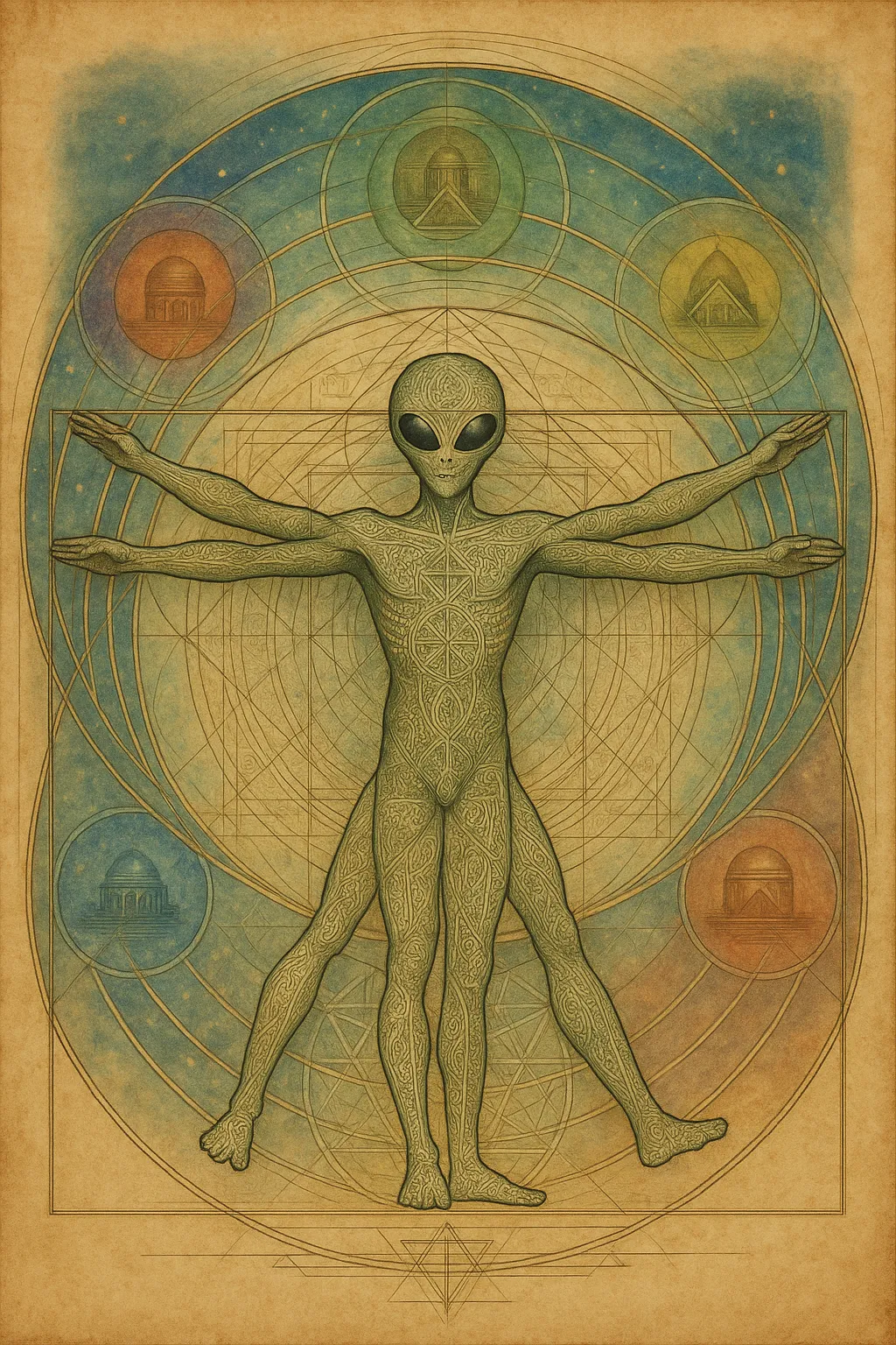 Leonardo da Vinci’s study of the Vitruvian Alien, inscribed in circle and square.