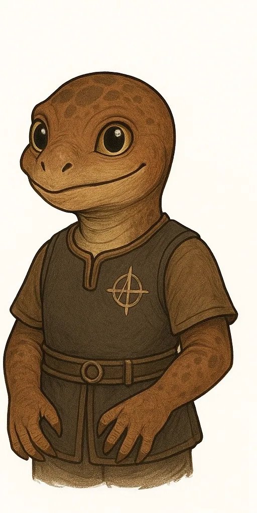 Zorbus, a friendly orange reptilian alien in a blue tunic.
